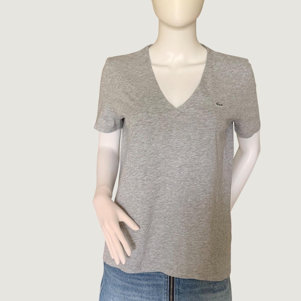 Lacoste Womens Grey V-Neck Short Sleeve Cotton T-Shirt Logo Size 42 FA10614